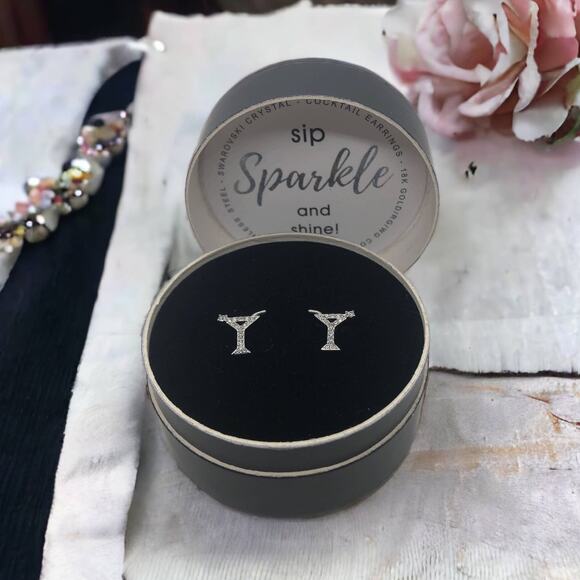 Elegant 18K White Gold Plated Martini Glass Earrings with Swarovski Crystals - Picture 4 of 4